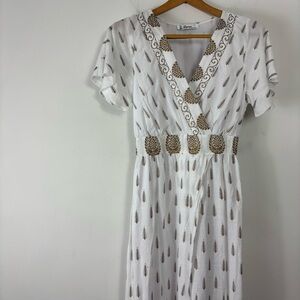 Lapogee High Low Dress Womens L Gold Pattern Lined V Neck Greek Beach Vacation